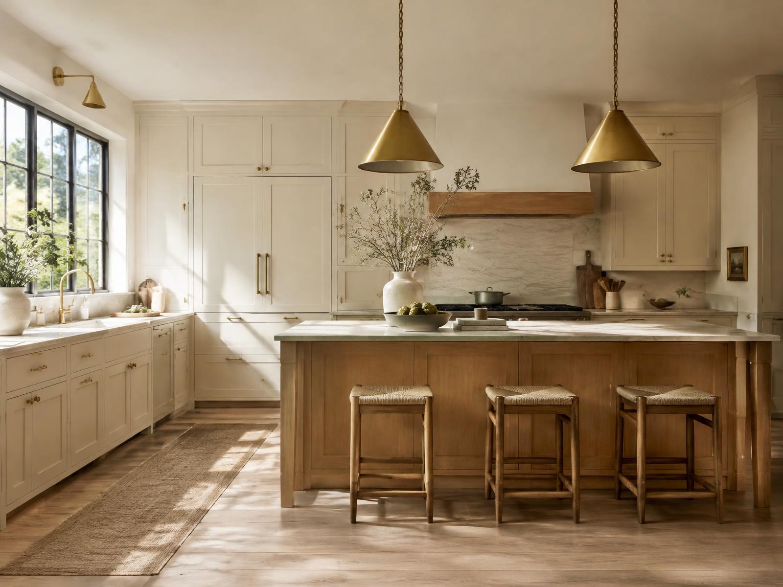 Remodeled kitchen with ivory cabinets and oak island